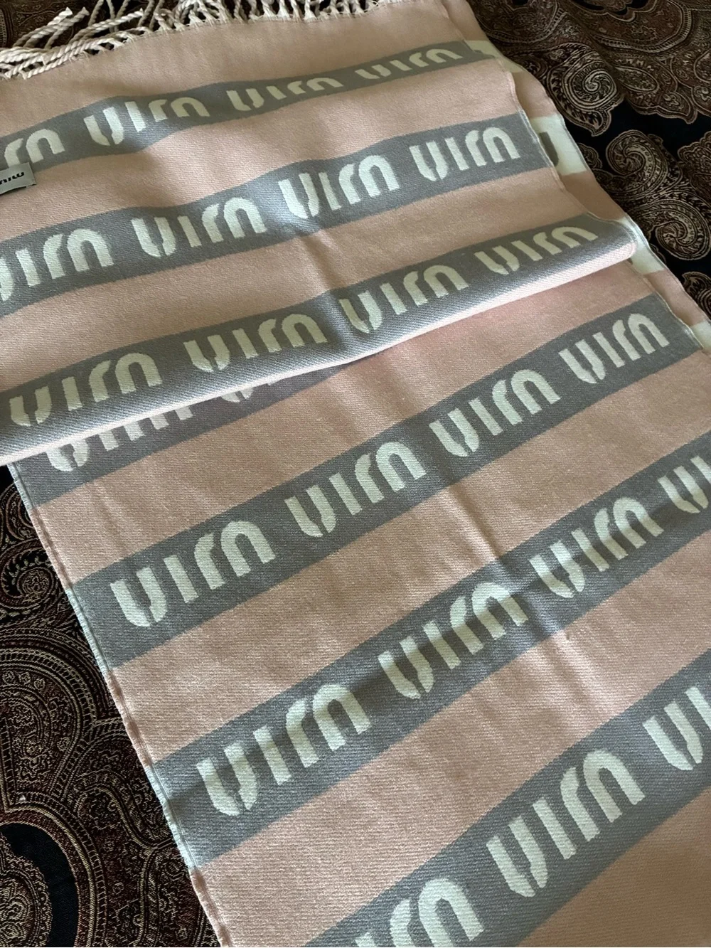 Miu Miu Blush Pink and Ivory Logo Stripe Scarf